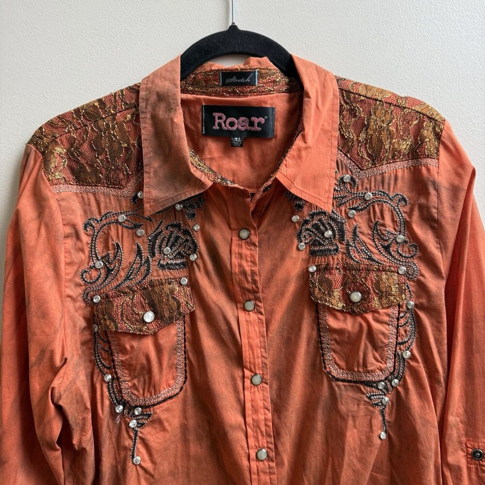 Roar Embroidered Western Pearl Snap Shirt Coral Studded Y2K Cowgirl Top Size XL